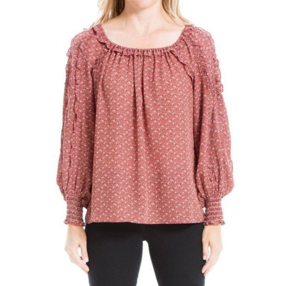 MAX STUDIO Rust Red Crepe Long Sleeve Peasant Blouse Ruffled Women's Small